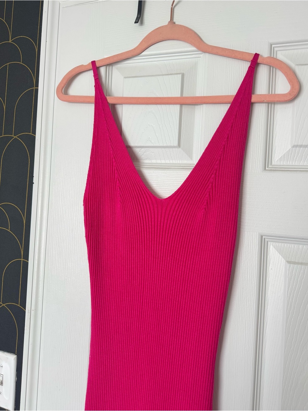 Freshman Hot Pink Ribbed V-Neck Midi Dress - Picture 2 of 6